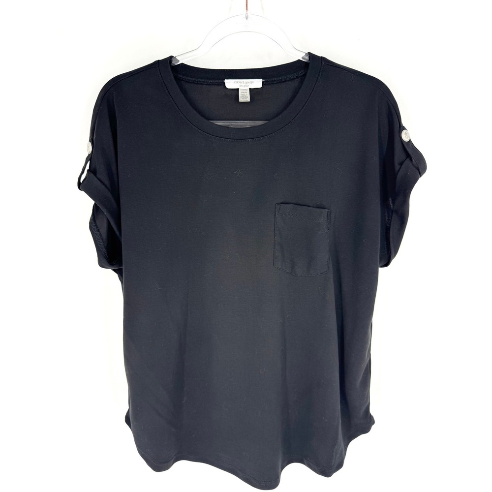 Cable & Gauge Studio Womens Black Short Sleeve Pocket Top Button Tab Large